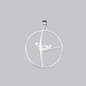 Detailed view of silver stainless steel gymnastic ball pendant with hollow silhouette design