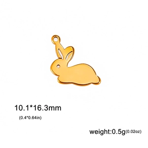 Polished golden stainless steel rabbit pendant showing dimensions 10.1x16.3mm and weight
