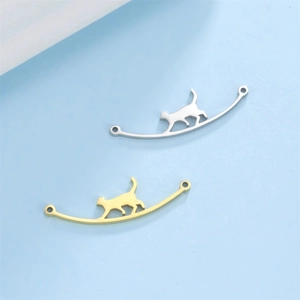 Cute cat pendant on curved bar connectors for DIY jewelry making in gold and silver