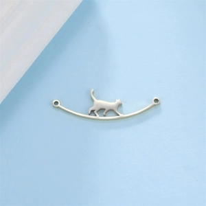 Macro view of silver walking cat connector pendant with dual hanging loops for DIY jewelry
