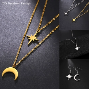 Polished stainless steel star and moon pendant necklace set in gold and silver finish
