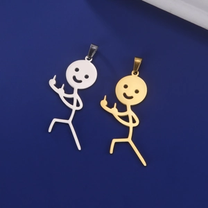 Grappige stokfiguur hangers met middelvinger in goud en zilver op blauwe basis