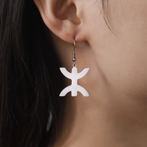 Silver Amazigh Yaz symbol drop earrings in stainless steel with French ear hooks