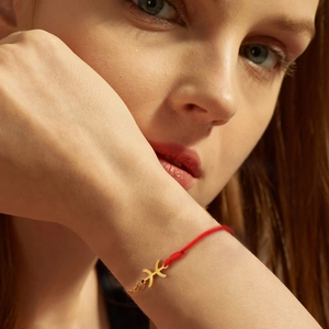 Close-up of a 18K gold Pisces zodiac symbol pendant on a red braided rope bracelet