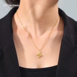 Close-up of golden stainless steel Celtic knot pendant on an O-chain worn by model