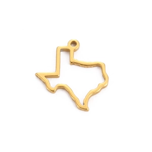 Minimalist gold Texas state map pendant in polished stainless steel on white background