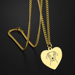 Gold stainless steel heart necklace featuring a minimalist engraved pet dog portrait