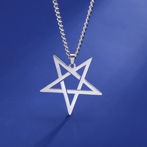 Polished stainless steel irregular pentagram star pendant necklace on a blue gradient background