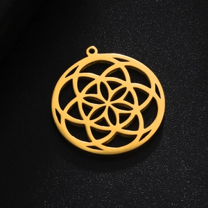 Polished stainless steel geometric mandala flower pendant in gold finish for DIY jewelry