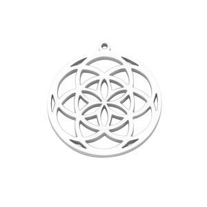 Macro detail of a silver stainless steel hollow flower pendant for jewelry DIY crafts