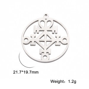 Stainless steel cut-out round pendant with geometric symbols, 21.7x19.7mm, weight 1.2g