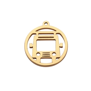 Hollow round stainless steel bus pendant charm with golden polished finish for DIY jewelry