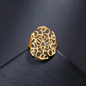 Fashion 304 Stainless Steel Om Symbol Lotus Ring Hollow Design Gold Silver Plated Yoga Meditation Finger Ring Jewelry