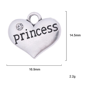 Pendentif coeur argenté avec gravure PRINCESS et cristal, taille 14,5x16,9mm