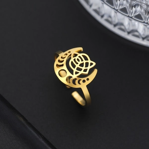 Vintage golden stainless steel open ring with crescent moon and rose flower cutout design