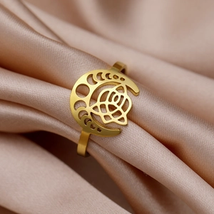 Adjustable golden stainless steel ring featuring cutout crescent moon and rose designs