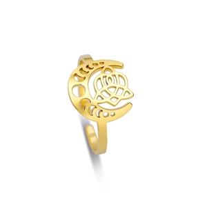 Detail view of adjustable gold-plated ring with moon-shaped Celtic knot engraving