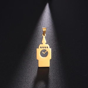 Macro shot of gold-plated stainless steel Big Ben pendant with intricate hollow design