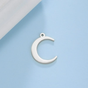 Polished stainless steel crescent moon pendant for DIY jewelry making on blue background