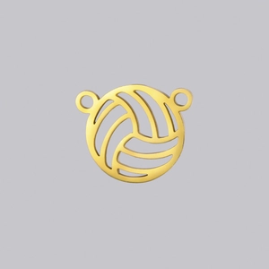 Detail of gold-plated stainless steel volleyball charm with hollow-out design and dual rings