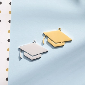Polished stainless steel graduation cap charms in gold and silver for DIY jewelry