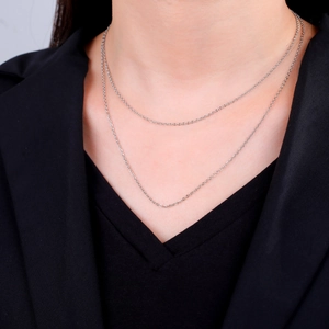 Detail of layered silver stainless steel link chains worn on model with black suit