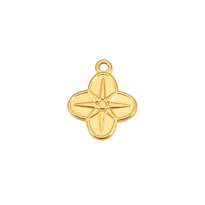 Macro detail of gold stainless steel four-leaf clover pendant with starburst engraving