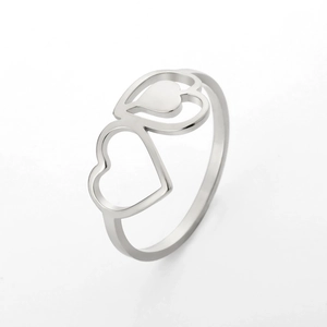 Detail of interlocking silver hollow heart ring made of premium stainless steel