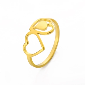 Minimalist gold stainless steel ring with double heart layered design on white background