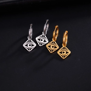 Polished stainless steel geometric square earrings with hollow eye pendant in gold and silver
