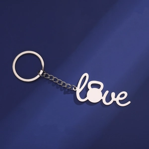 Polished stainless steel love keychain with kettlebell O pendant for fitness lovers