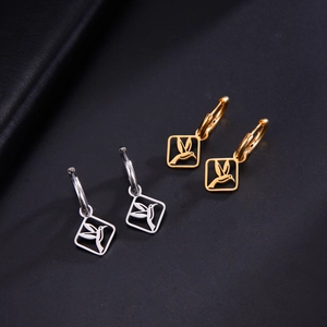 Polished stainless steel geometric square hummingbird pendant hoop earrings in gold and silver