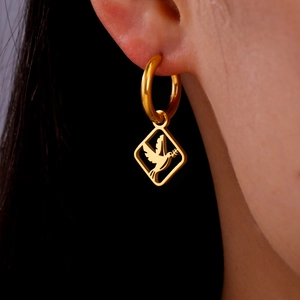 Elegant gold-plated stainless steel hoop earrings with bird and branch square pendant