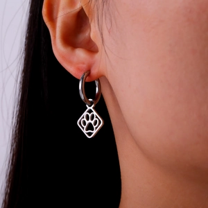 Silver stainless steel huggie earrings with hanging square frame and animal paw print