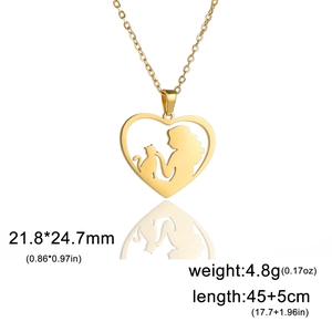 Golden heart necklace featuring a girl and cat silhouette pendant with dimensions