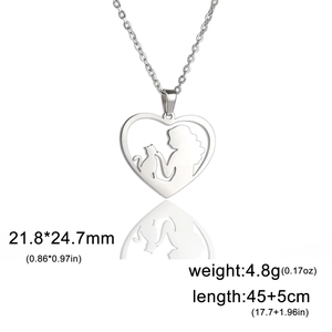 Stainless steel necklace with cat and woman heart silhouette pendant on white background