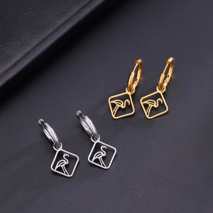 Fashionable stainless steel hoop earrings with hollow crane pendant in gold and silver
