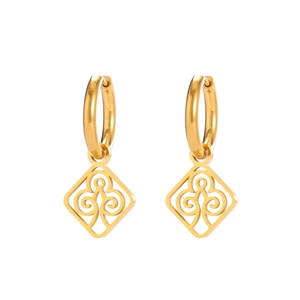Polished 18K gold plated stainless steel square hoop earrings with hollow floral patterns