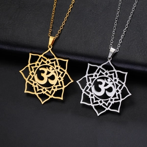 Stainless steel mandala lotus pendant necklaces with Om symbol in gold and silver finish
