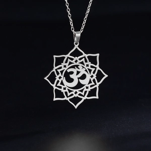 Mandala lotus Om symbol pendant necklace in polished stainless steel for women