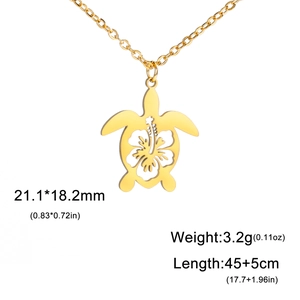 18K gold plated stainless steel sea turtle pendant necklace with hibiscus hollow pattern