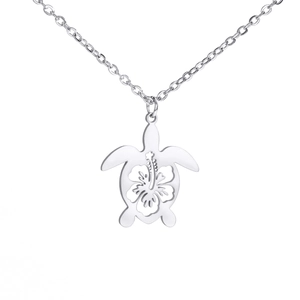 Polished stainless steel sea turtle pendant necklace with hollow hibiscus flower pattern