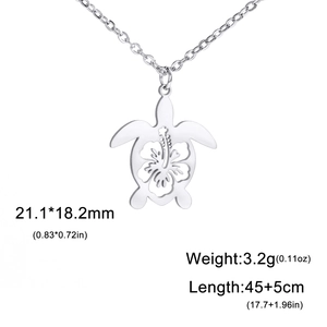 Stainless steel turtle necklace with hibiscus hollow design on silver sea turtle pendant