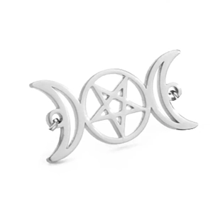 Macro shot of silver 18K plated stainless steel triple moon and pentagram pendant detail