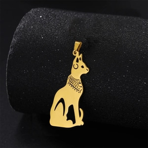 Elegant 18K gold plated stainless steel Egyptian Bastet cat pendant on black background