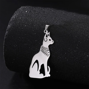 Ancient Egyptian Bastet cat pendant in silver stainless steel on black background