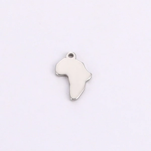 Detailed view of a polished stainless steel Africa map pendant with a silver finish