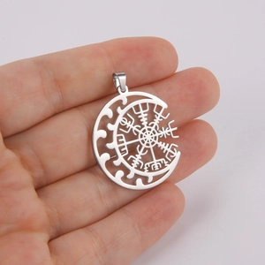 Nordic Viking Vegvisir compass pendant in stainless steel with hollow moon design