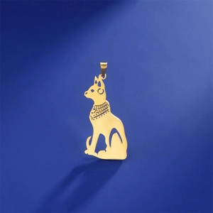 Detailed view of 18K gold plated Egyptian Bastet cat pendant with hollow-out patterns