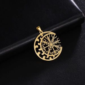 18K gold plated Viking Vegvisir moon pendant with hollow design for DIY jewelry making